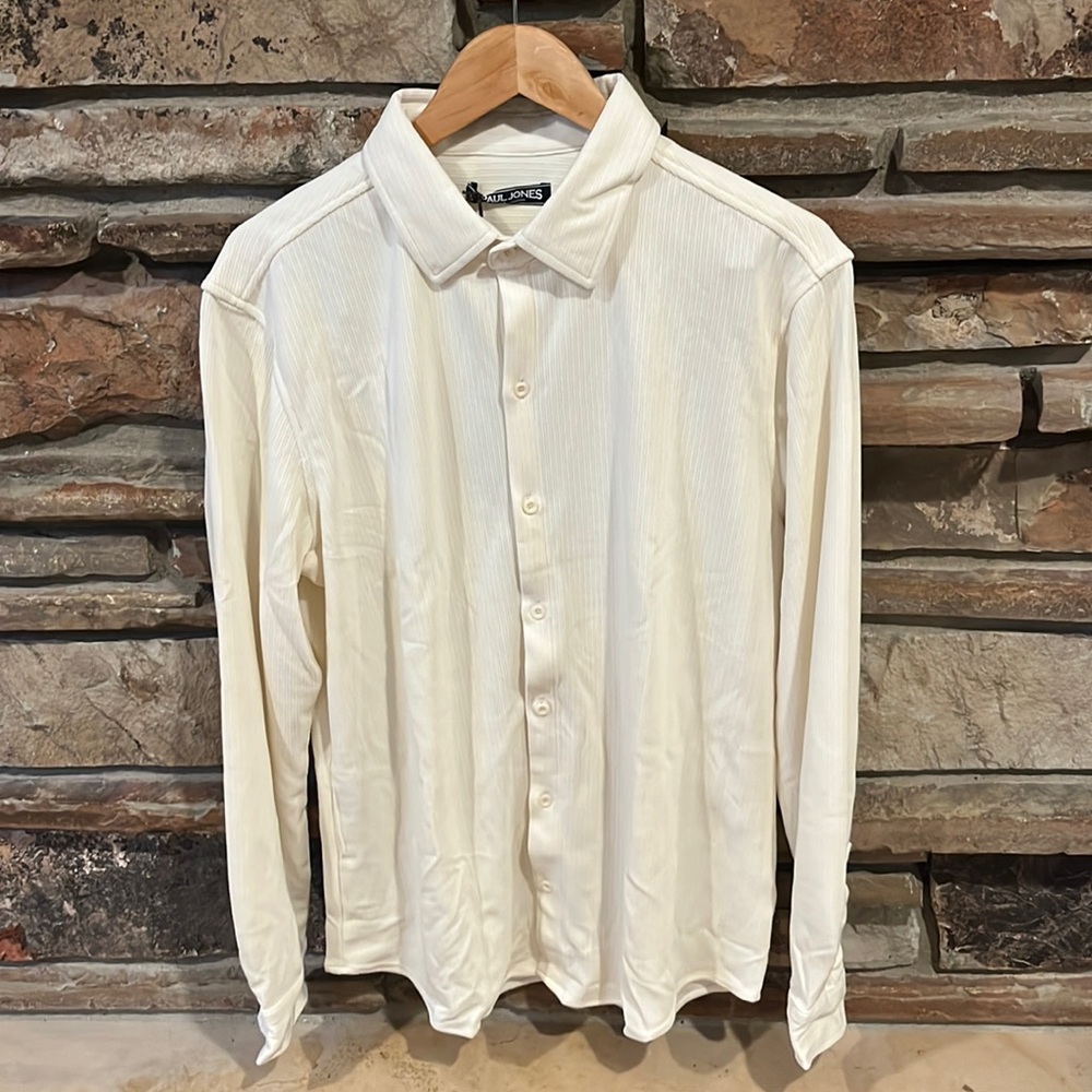 Paul Jones Ivory Textured Wrinkle Free Casual Button Down Long Sleeve Shirt